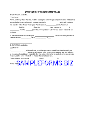 Alabama Satisfaction of Mortgage Form pdf free